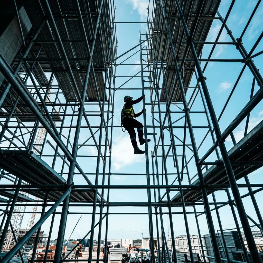 Construction worker climbing scaffolding against blue sky