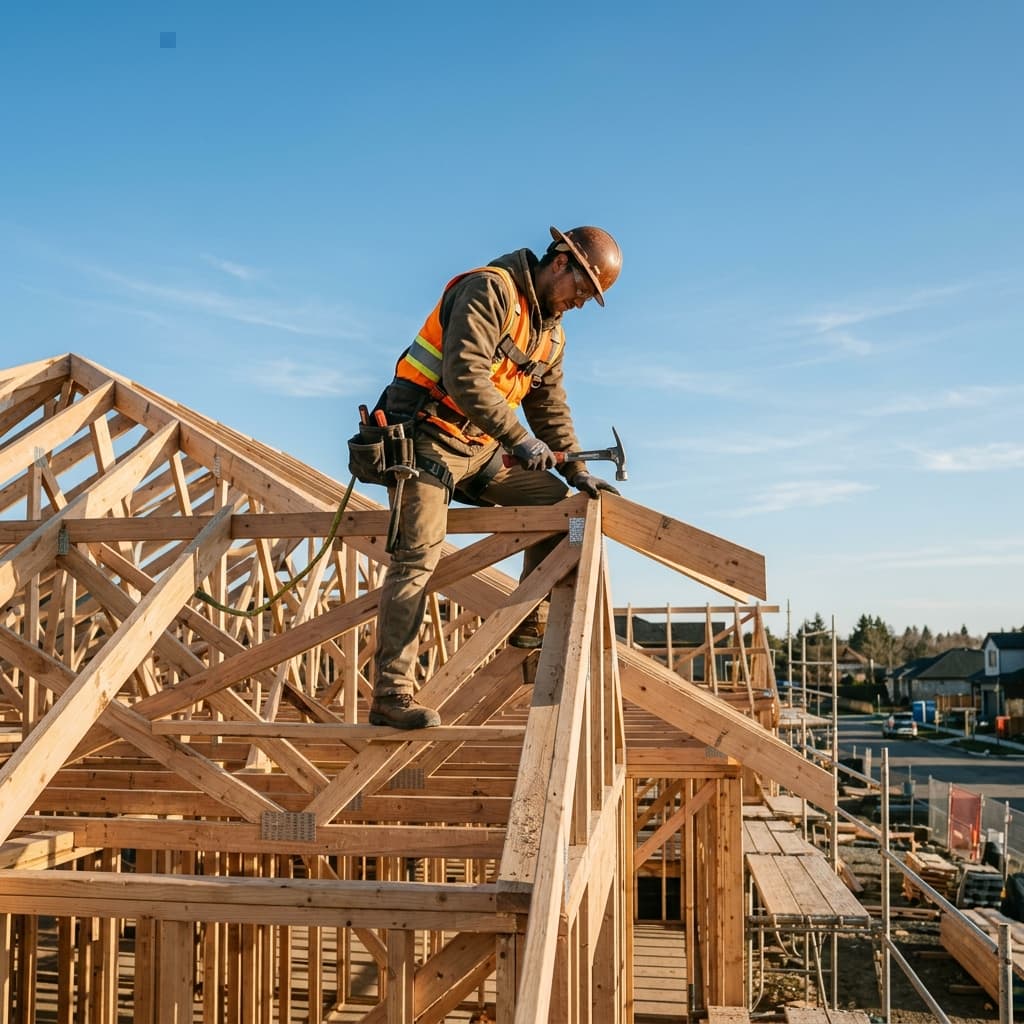 Construction worker on wooden house framing