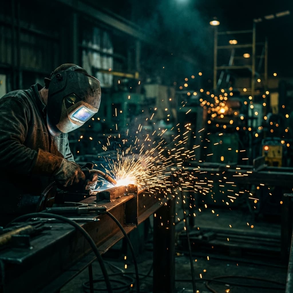 Industrial construction welding sparks with golden bokeh